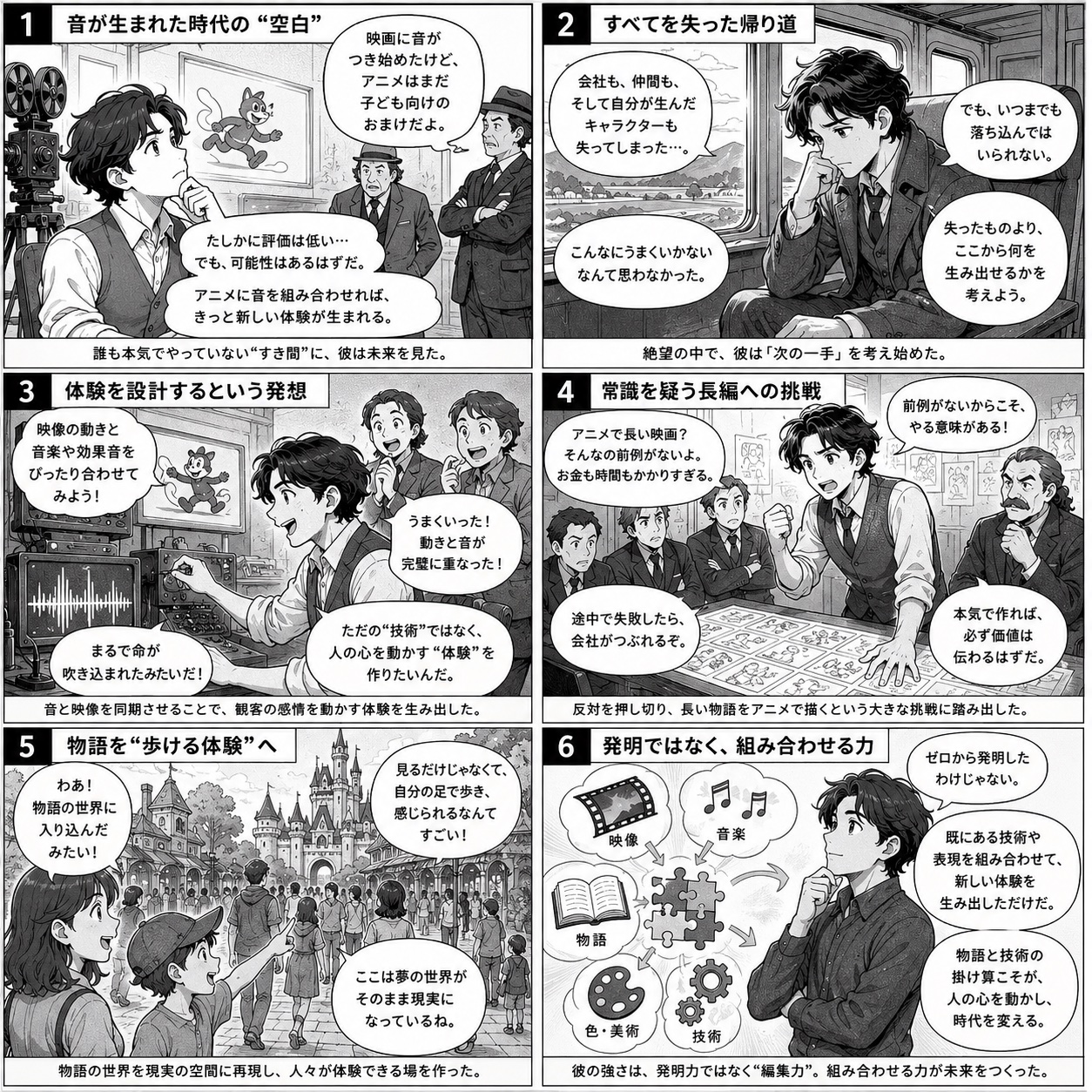 ウォルト・ディズニーの攻略ログを6コマ漫画で。音が生まれた時代の空白、すべてを失った帰り道、体験設計の発想、常識を疑う長編挑戦、物語を歩ける体験へ、発明ではなく組み合わせる力。