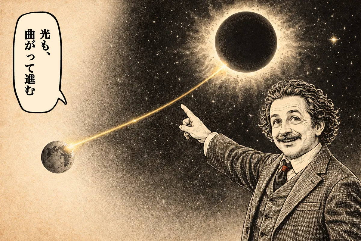 日食で隠れた太陽のふちをかすめて曲がり、地球へ届く光を指さすアインシュタイン（1915年の予言のイメージ）（非公式・AI イラスト）