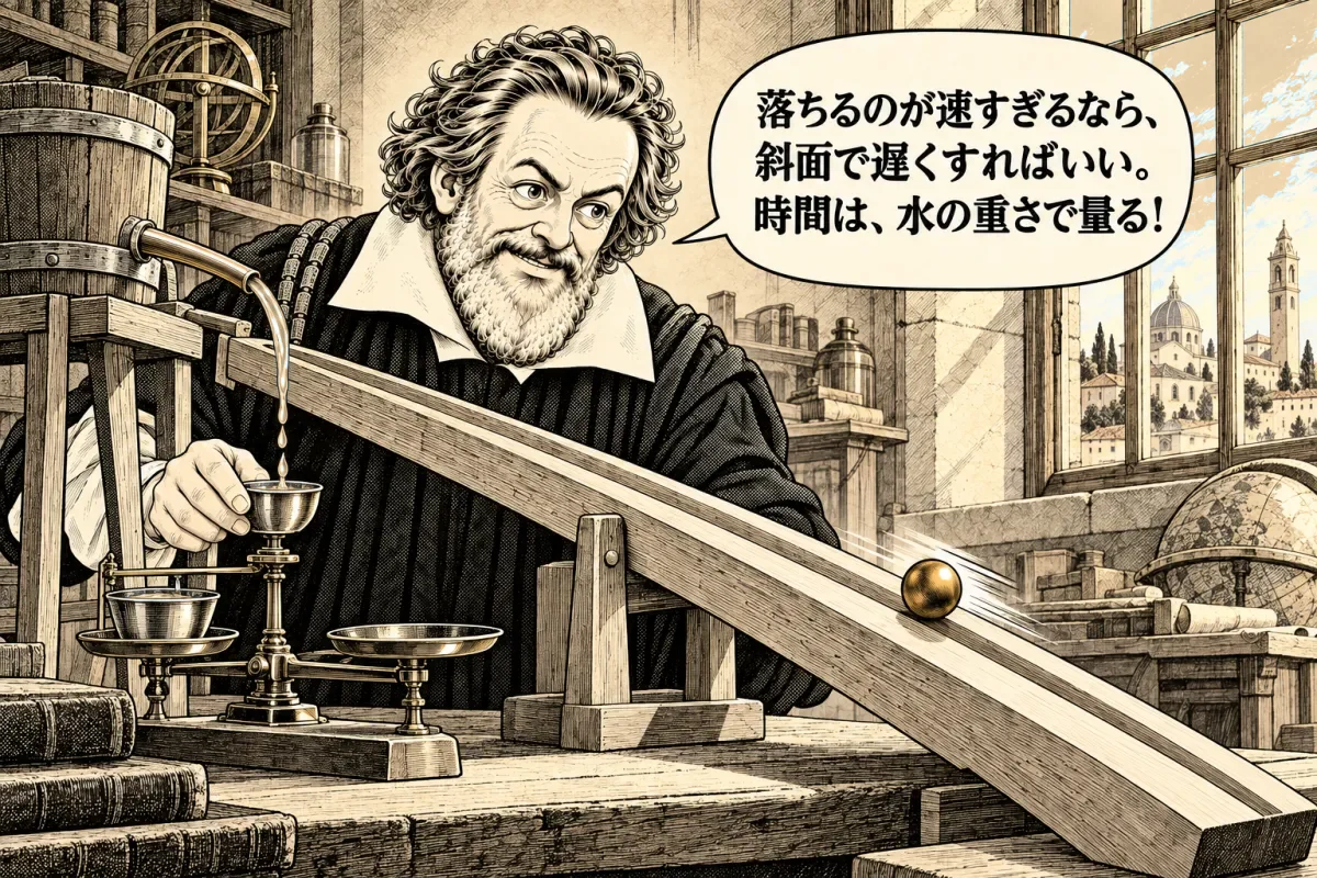 溝のある斜面に青銅の球を転がし、高い所の水桶から流れ出る水を器に集めて時間を量るガリレオ・ガリレイ。横に天秤