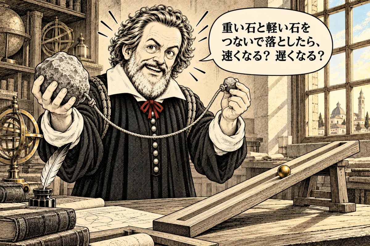 重い石と軽い石を縄でつないで持ち、つないで落としたら速くなるか遅くなるかと問いかけるガリレオ・ガリレイ。机には球を転がす斜面
